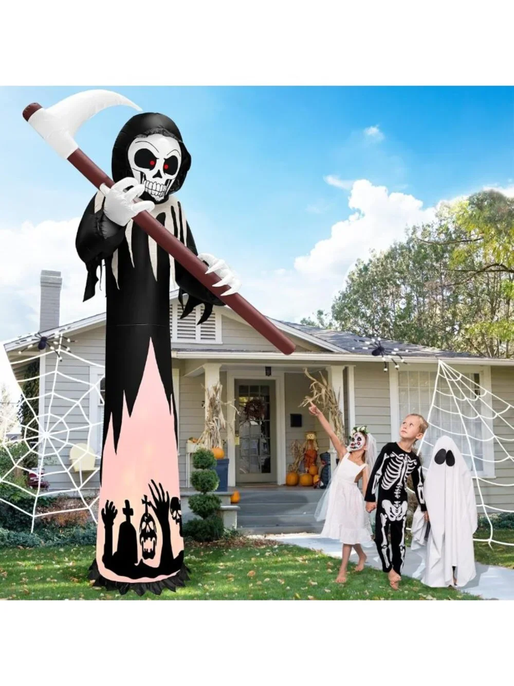 12FT Tall Halloween Inflatable Grim Reaper & Ghost Outdoor Decor - Spooky Yard